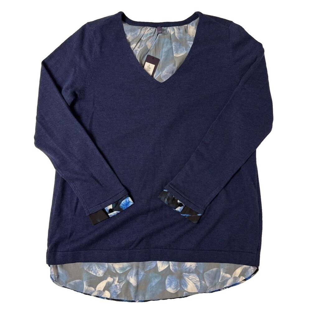 NYDJ Blue Mixed Media Layered Split Back Sweater Floral Print Underlay Size PM